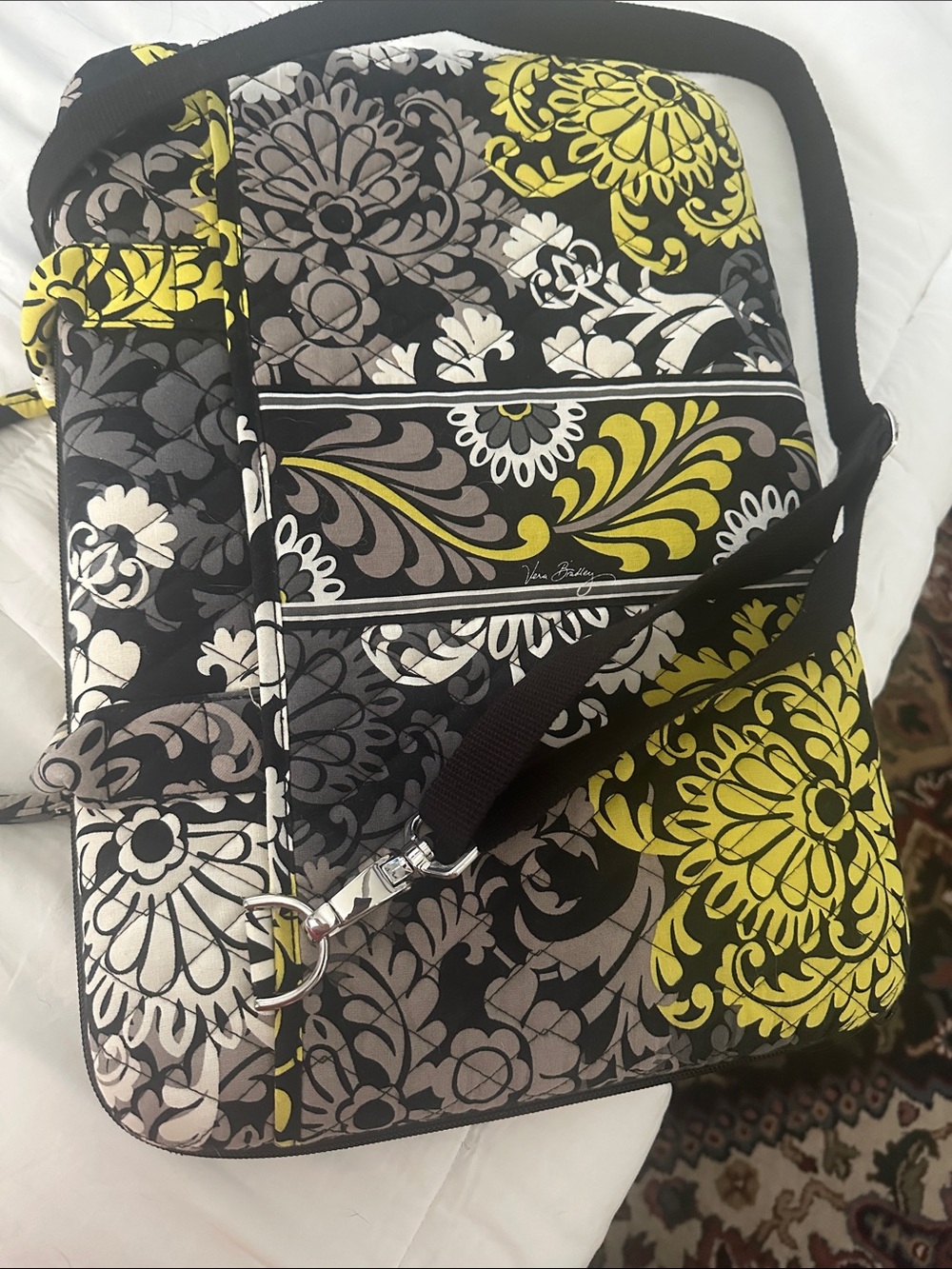 Vera Bradley Black Gray White & Yellow Quilted Floral Laptop Crossbody